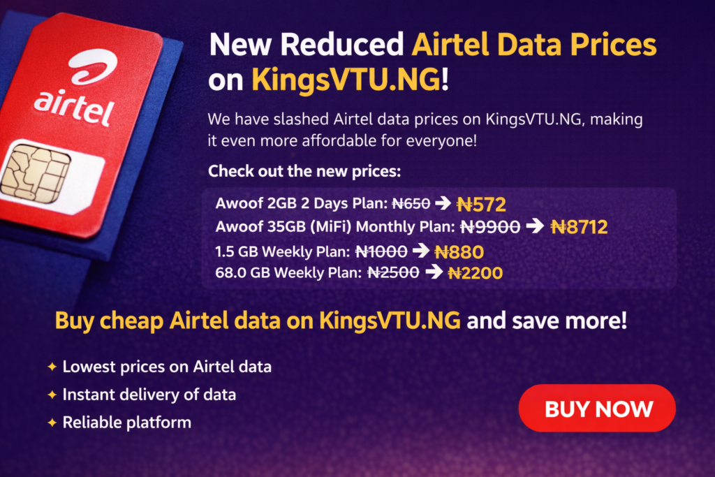 KingsVTU Airtel data price reduction banner showing new cheaper Airtel bundles in Nigeria.